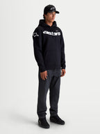 Alpinestars Velocifier hoodie, heren sportkleding pullover fleece, zwart en wit, voorzien van een gebogen Astars-woordmerk op de borst en logo's op de schouders, hoogwaardige katoenmix voor een casual off-bike motorsportstijl.