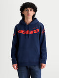 Alpinestars Velocifier hoodie, casual sportswear pullover voor heren en dames, blauw en rood, met groot Astars-woordmerk op de borst en logo's op de schouders, katoenmix fleece constructie met kangoeroezak en capuchon.
