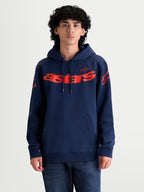 Alpinestars Velocifier hoodie, casual sportswear pullover voor heren en dames, blauw en rood, met groot Astars-woordmerk op de borst en logo's op de schouders, katoenmix fleece constructie met kangoeroezak en capuchon.