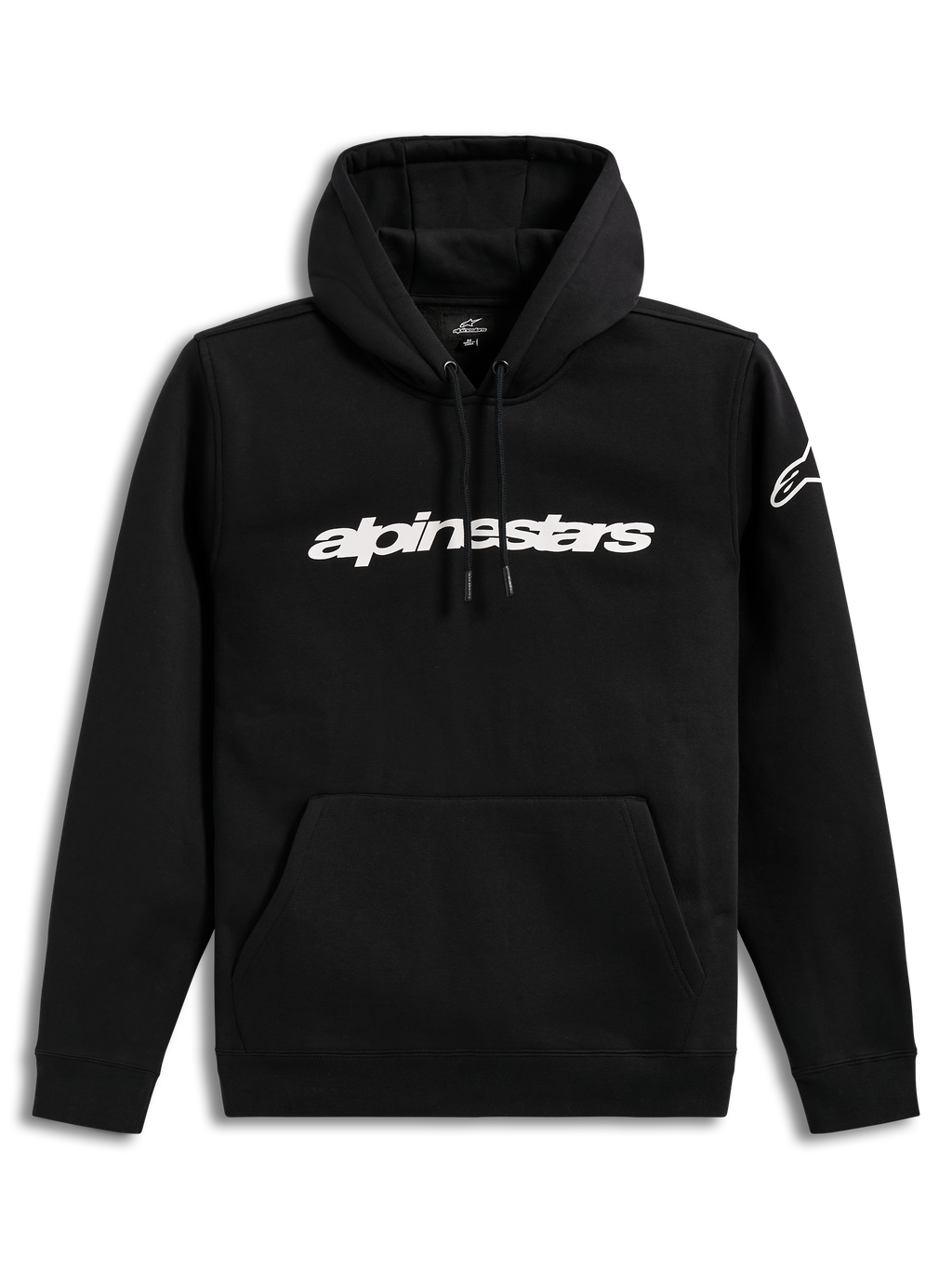 Alpinestars Race Wordmark hoodie, zwarte sportkleding pullover met wit lineair borstlogo en ageless-logo op de mouw.
