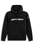 Alpinestars Race Wordmark hoodie, zwarte sportkleding pullover met wit lineair borstlogo en ageless-logo op de mouw.