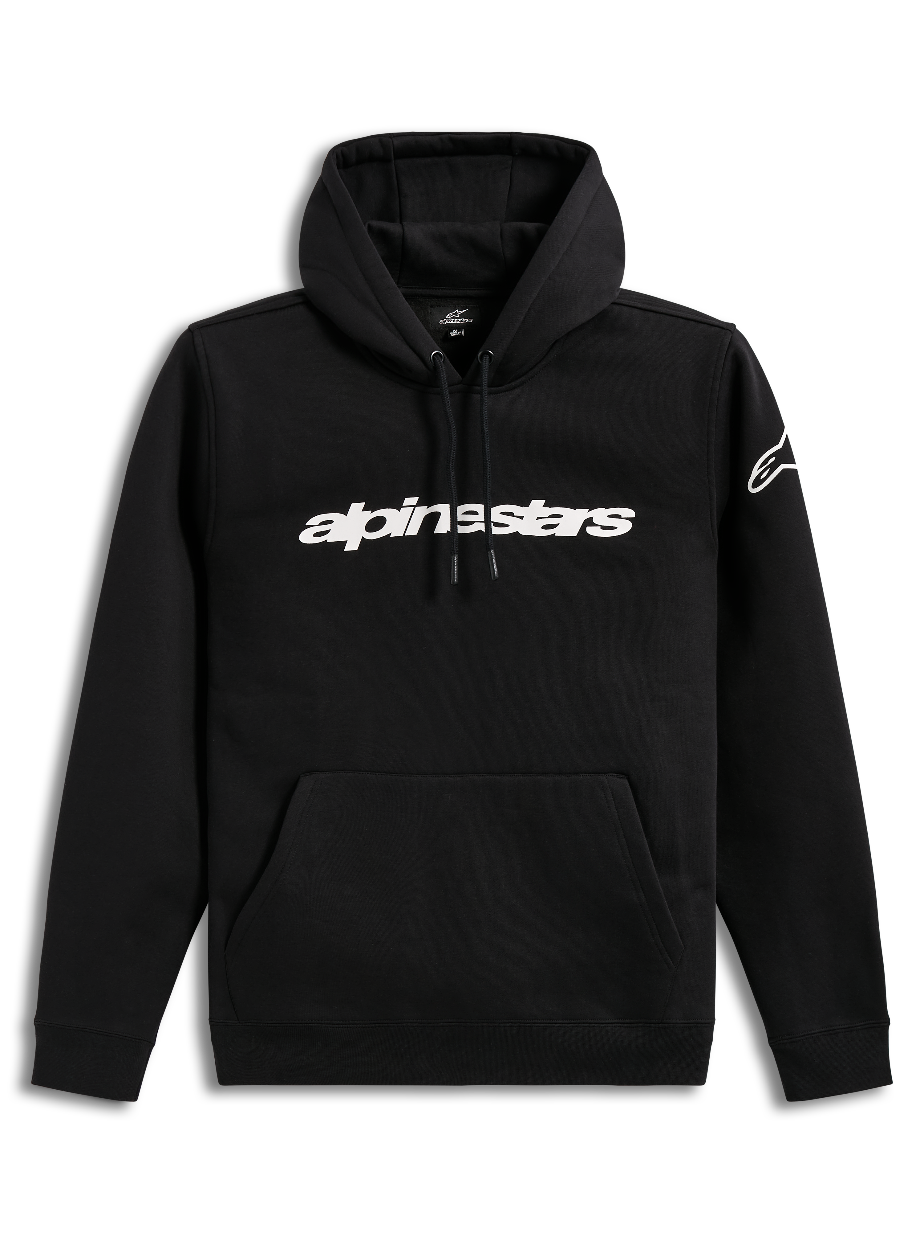 Alpinestars Race Wordmark hoodie, zwarte sportkleding pullover met wit lineair borstlogo en ageless-logo op de mouw.