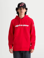 Alpinestars Race Wordmark hoodie, heren sportswear pullover fleece, rood en wit, mix van premium katoen en gerecycled polyester, met opvallend Race Linear-logo op de voorzijde en Ageless-graphic op de mouw voor een motorsportgeïnspireerde look.
