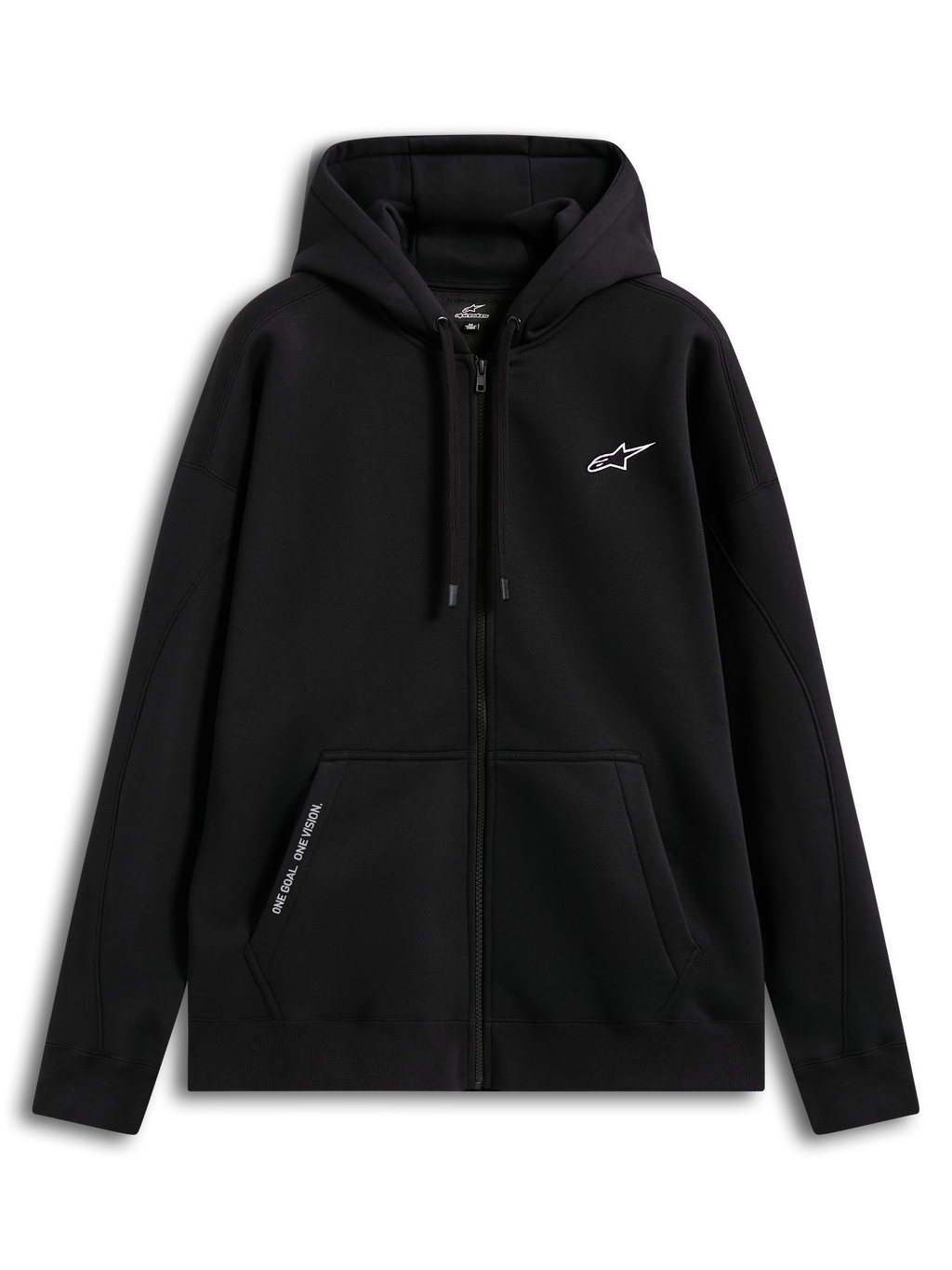 Alpinestars Pioneer Oversized Hoodie, zwarte sportswear hoodie met ritssluiting, ontspannen pasvorm met Vislon-rits aan de voorzijde, kangoeroezak met geborduurde 'ONE GOAL. ONE VISION.' tekst, zelfgevoerde capuchon met trekkoorden en geborduurd logo op de borst, 80% katoen en 20% gerecycled polyester.