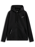 Alpinestars Pioneer Oversized Hoodie, zwarte sportswear hoodie met ritssluiting, ontspannen pasvorm met Vislon-rits aan de voorzijde, kangoeroezak met geborduurde 'ONE GOAL. ONE VISION.' tekst, zelfgevoerde capuchon met trekkoorden en geborduurd logo op de borst, 80% katoen en 20% gerecycled polyester.