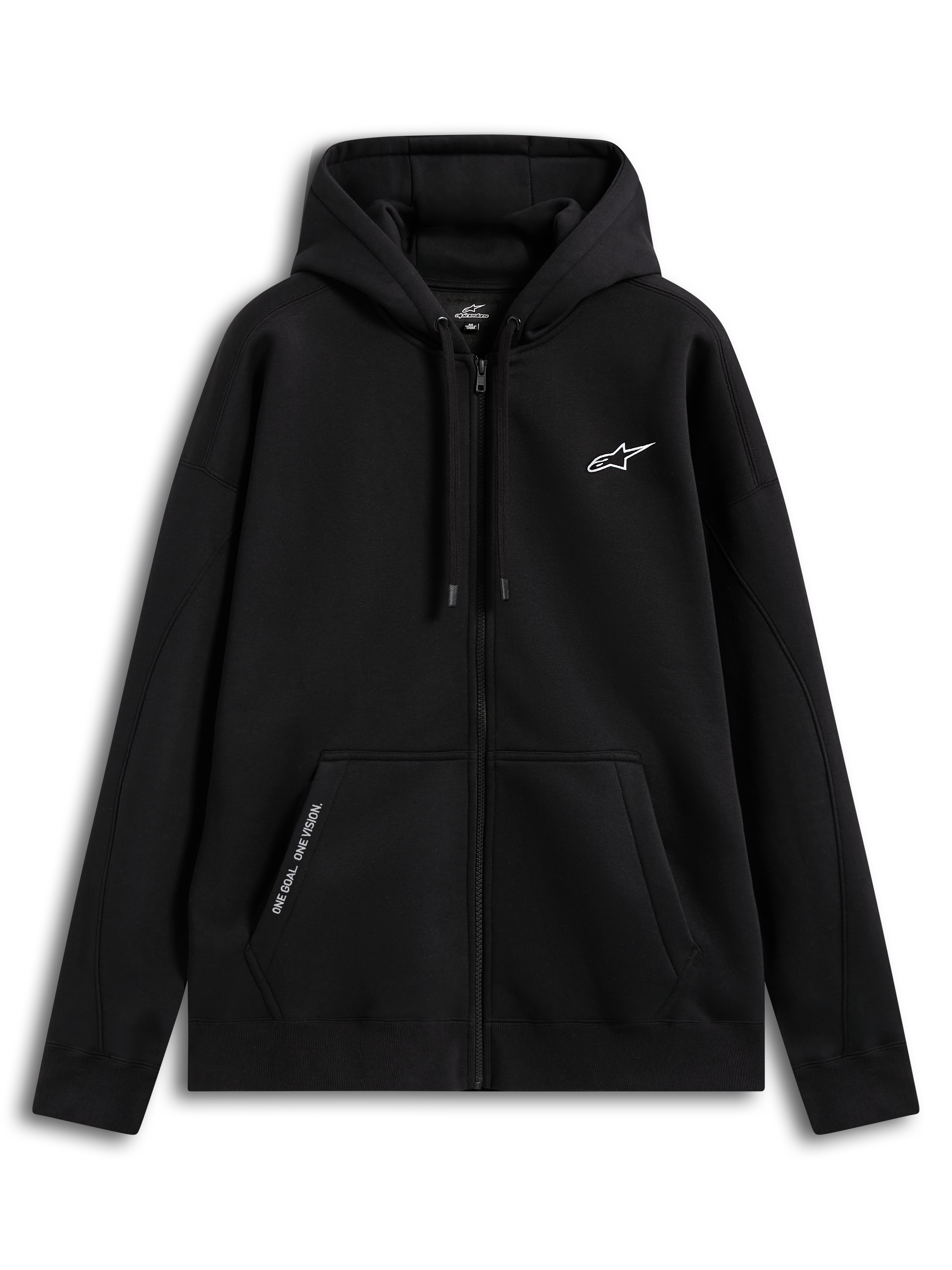Alpinestars Pioneer Oversized Hoodie, zwarte sportswear hoodie met ritssluiting, ontspannen pasvorm met Vislon-rits aan de voorzijde, kangoeroezak met geborduurde 'ONE GOAL. ONE VISION.' tekst, zelfgevoerde capuchon met trekkoorden en geborduurd logo op de borst, 80% katoen en 20% gerecycled polyester.