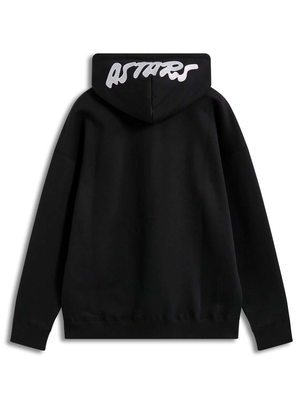 Alpinestars Pioneer oversized hoodie in zwarte fleece met wit geborduurd Astars-logo op de capuchon, achteraanzicht.