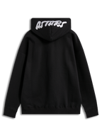 Alpinestars Pioneer oversized hoodie in zwarte fleece met wit geborduurd Astars-logo op de capuchon, achteraanzicht.