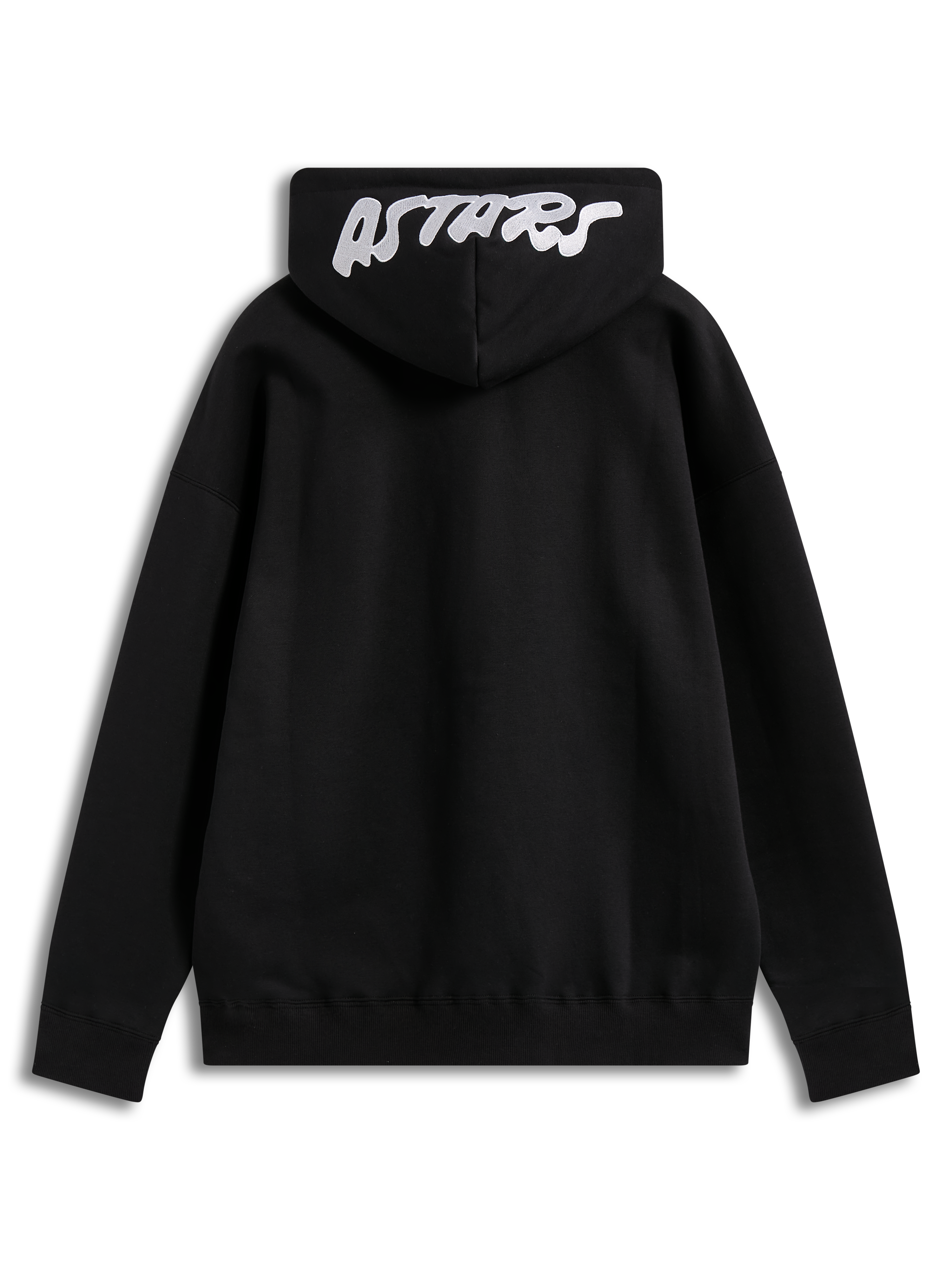 Alpinestars Pioneer oversized hoodie in zwarte fleece met wit geborduurd Astars-logo op de capuchon, achteraanzicht.