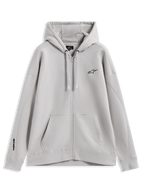 Alpinestars Entity Oversized Hoodie, fleece sportswear met ritssluiting, zandkleur, kangoeroezak en geborduurde logo's.