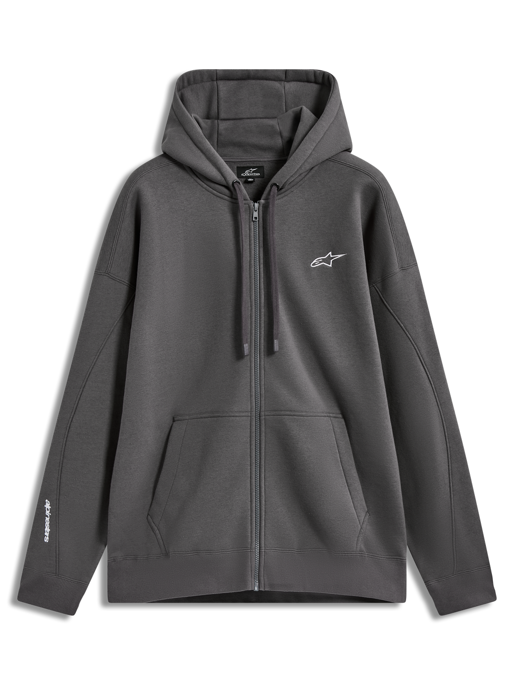 Alpinestars Entity Oversized Hoodie, grijze fleece sportswear met ritssluiting, wit geborduurd logo en kangoeroezak.