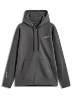 Alpinestars Entity Oversized Hoodie, grijze fleece sportswear met ritssluiting, wit geborduurd logo en kangoeroezak.
