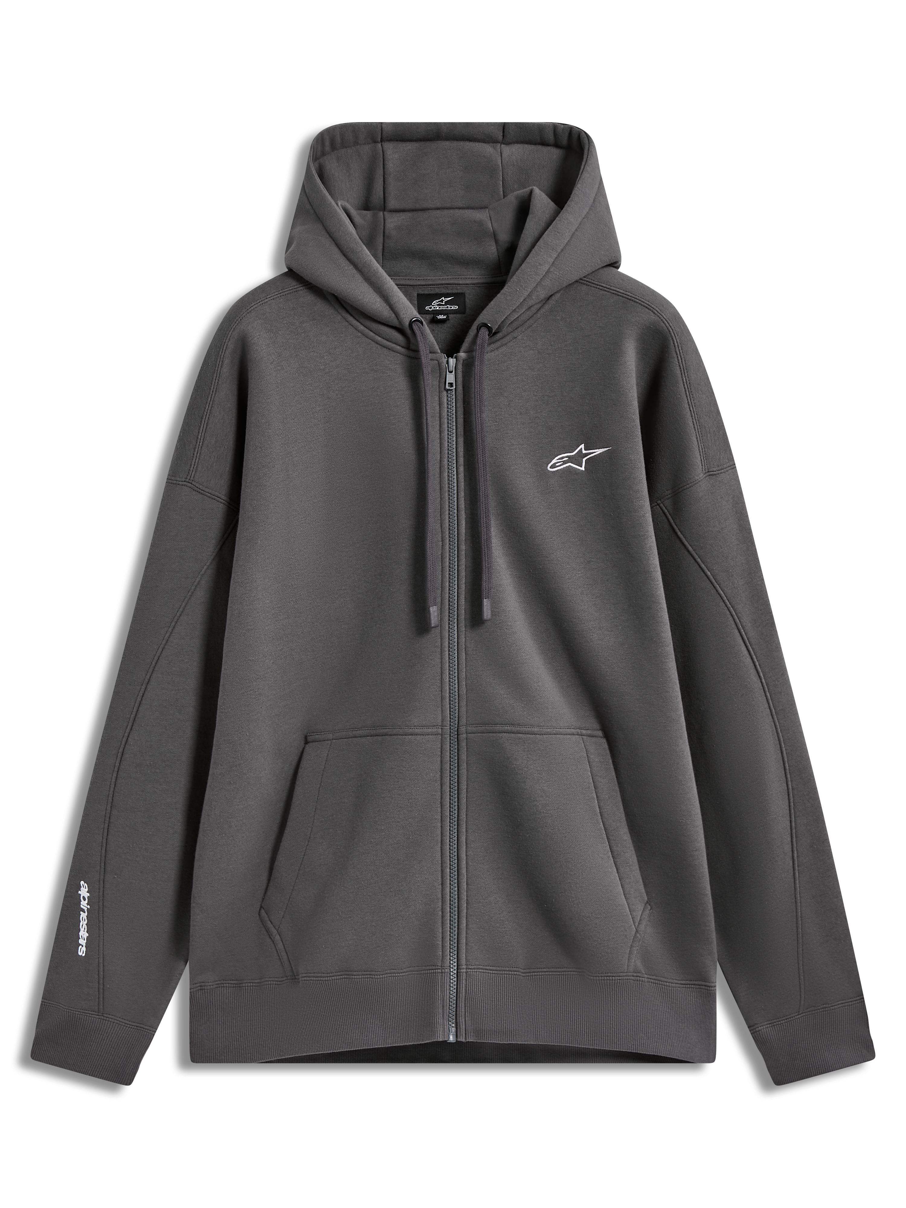 Alpinestars Entity Oversized Hoodie, grijze fleece sportswear met ritssluiting, wit geborduurd logo en kangoeroezak.