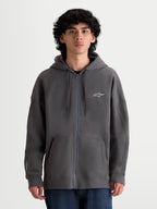 Alpinestars Entity Oversized hoodie, sportswear hoodie met ritssluiting, antracietgrijs, fleece van katoen en gerecycled polyester, voorzien van Vislon-ritssluiting en geborduurd Astars-logo op de borst, gedragen door model in een relaxte oversized pasvorm.