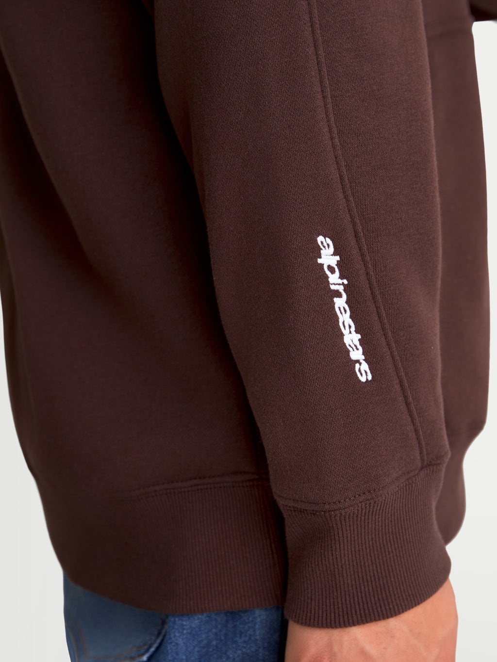 Alpinestars Entity Oversized Hoodie, Casual Sportswear Zip Fleece, Brown with White embroidered sleeve logo, premium ribbed cuff detail, recycled cotton blend textile construction for off-bike comfort.