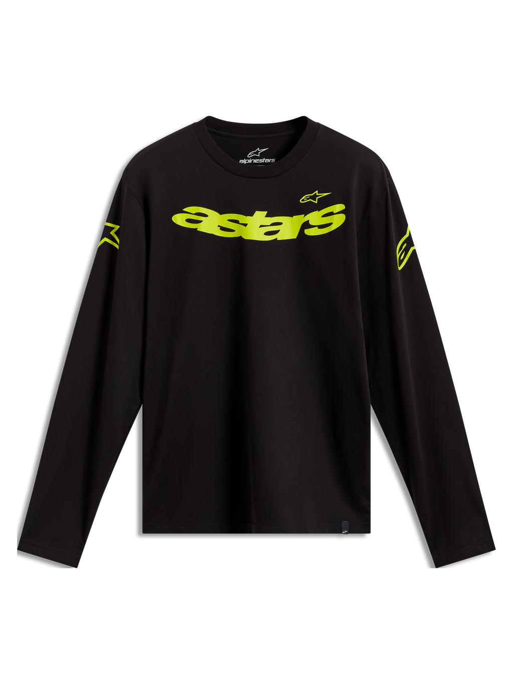 Alpinestars Velocifier CSF t-shirt met lange mouwen, zwart met neongele Astars-logo's op de borst en schouders.