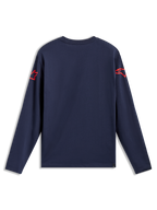Alpinestars Velocifier CSF t-shirt met lange mouwen, navy blauw rugaanzicht met rode schouderlogo's, casual katoenmix.