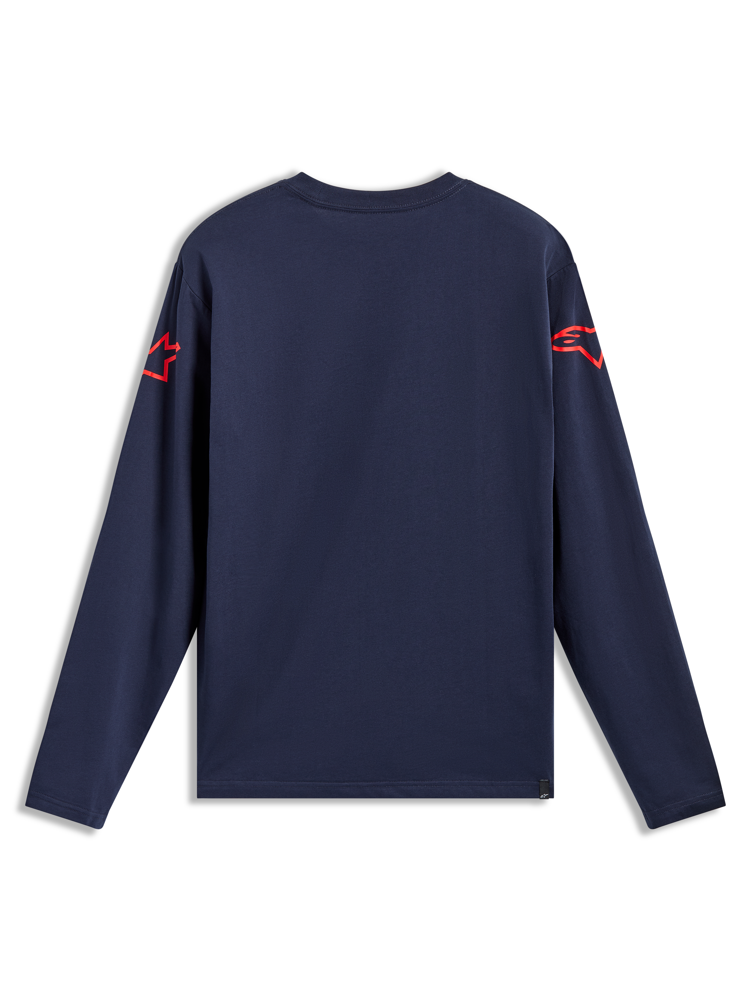 Alpinestars Velocifier CSF t-shirt met lange mouwen, navy blauw rugaanzicht met rode schouderlogo's, casual katoenmix.