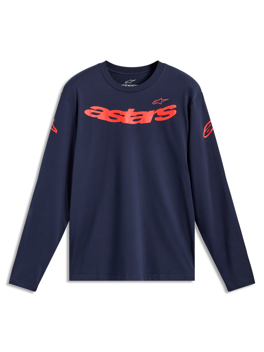 Alpinestars Velocifier CSF T-shirt met lange mouwen, navy en rood, met gebogen Astars-woord en schouderlogo's.