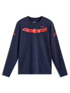 Alpinestars Velocifier CSF T-shirt met lange mouwen, navy en rood, met gebogen Astars-woord en schouderlogo's.