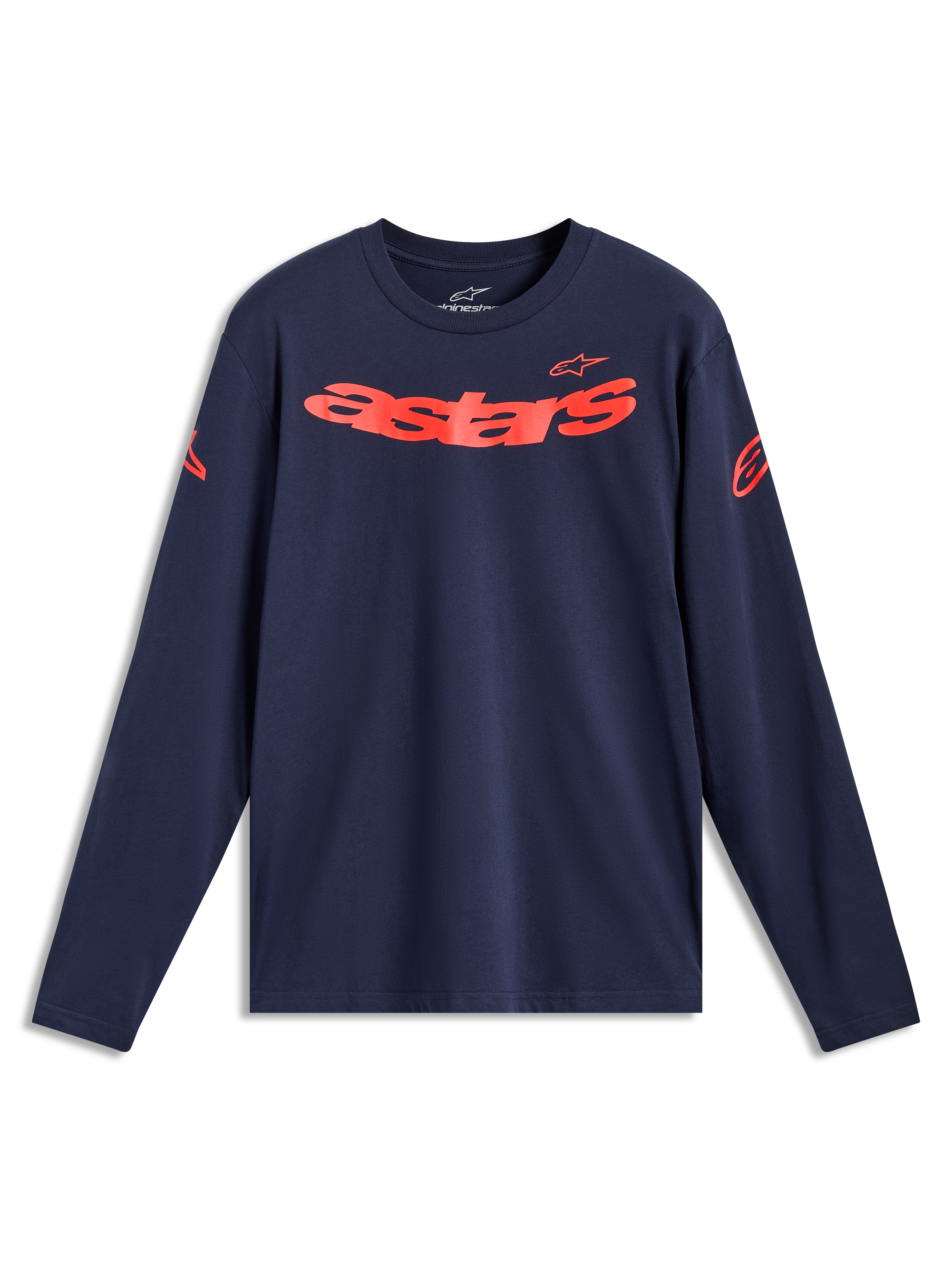 Alpinestars Velocifier CSF T-shirt met lange mouwen, navy en rood, met gebogen Astars-woord en schouderlogo's.
