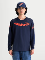 Alpinestars Velocifier CSF T-shirt met lange mouwen, heren sportswear, marineblauw en oranje, met gebogen Astars-graphic op de borst, schouderlogo's en ribboorden, premium katoenmix.