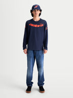Alpinestars Velocifier CSF t-shirt met lange mouwen, sportswear voor heren, donkerblauw met rode gebogen Astars-graphic op de voorzijde en schouderlogo's, zachte katoenmix voor dagelijks gebruik.