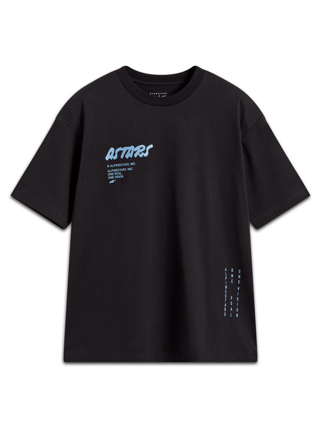 Alpinestars Chalk Oversized CSF T-Shirt, zwart sportswear t-shirt met korte mouwen, lichtblauw Astars-logo en zijbranding.