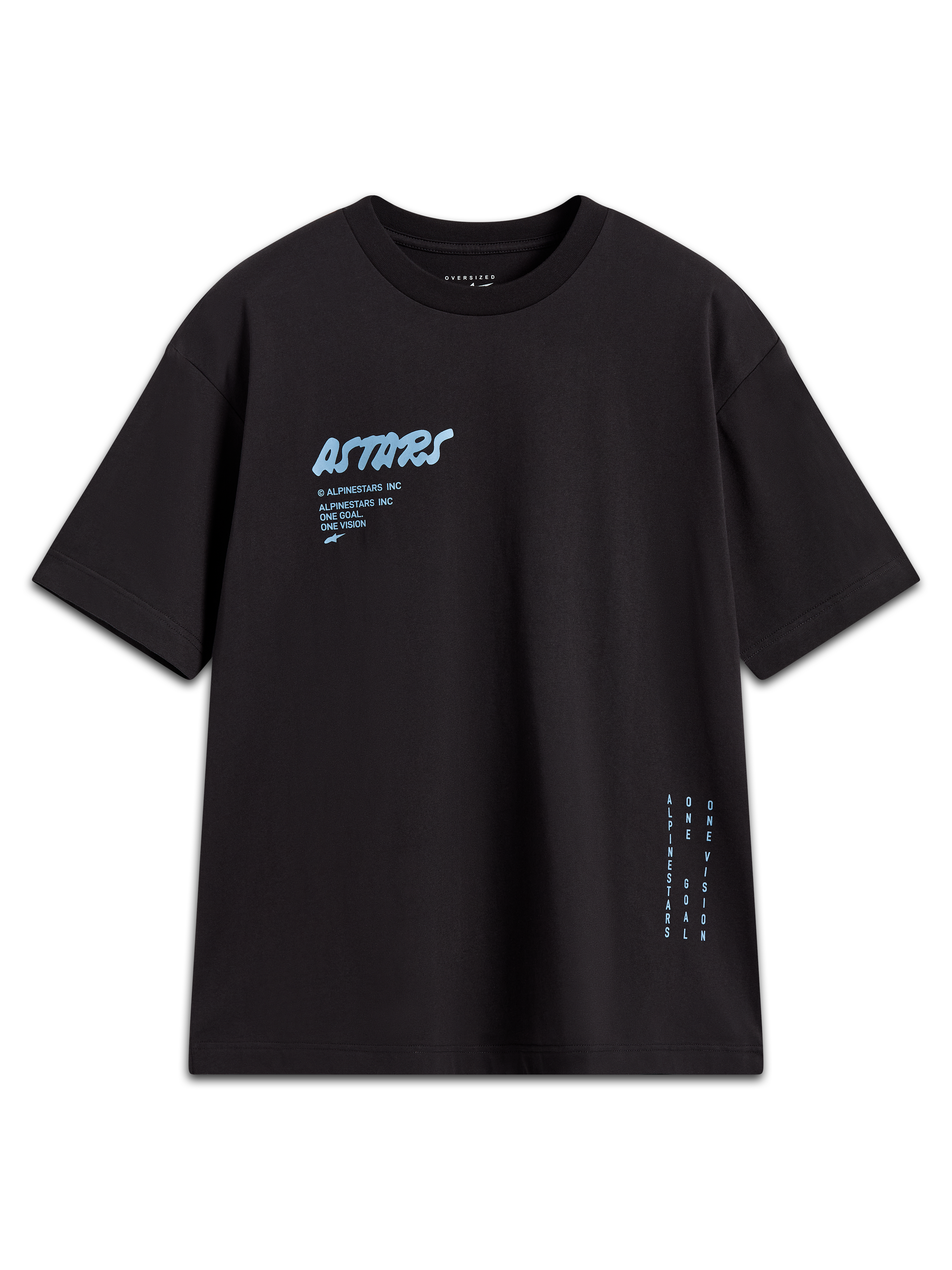 Alpinestars Chalk Oversized CSF T-Shirt, zwart sportswear t-shirt met korte mouwen, lichtblauw Astars-logo en zijbranding.