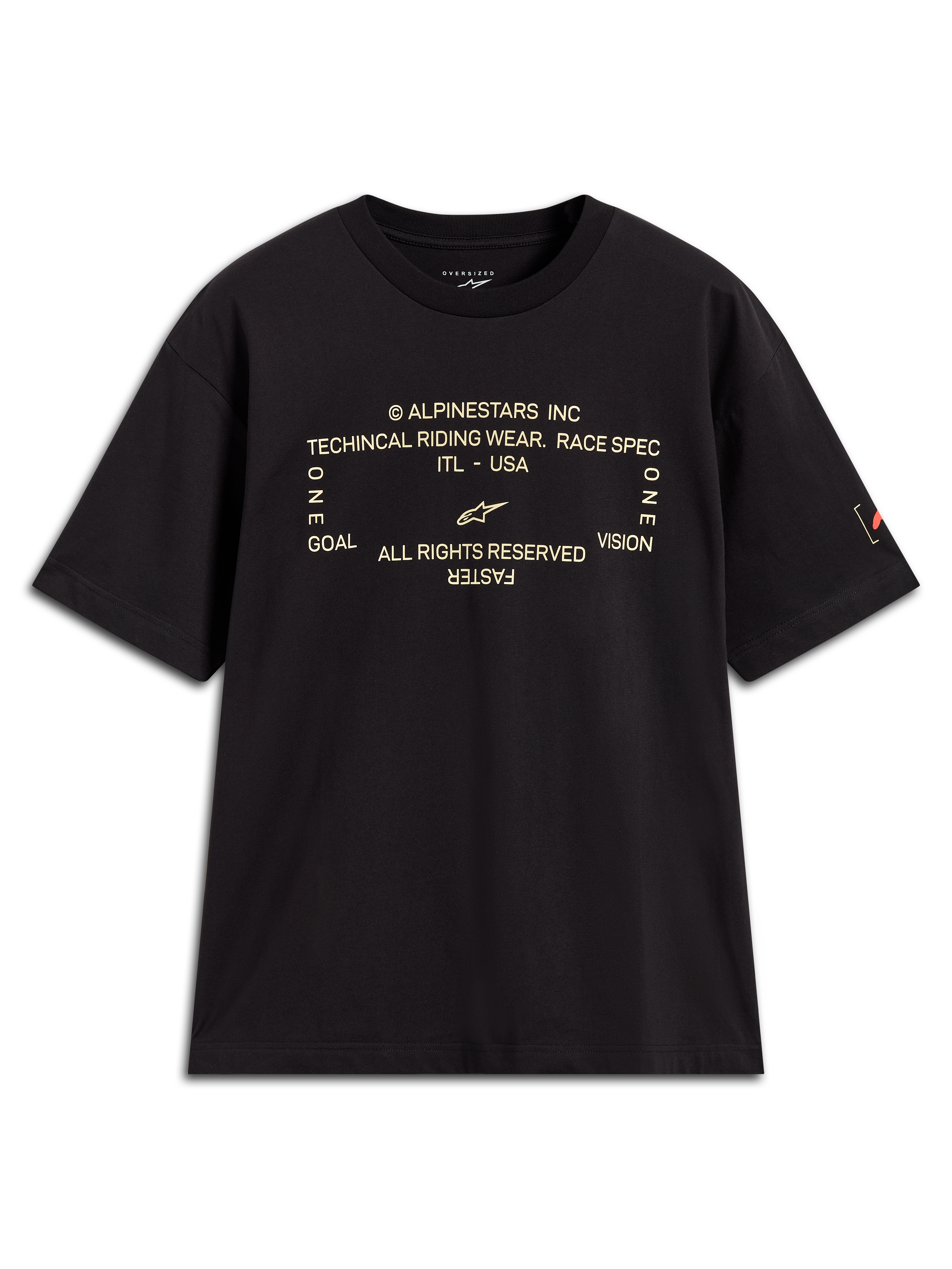 Alpinestars Infinity Oversized CSF t-shirt, zwart, korte mouwen, voorzien van een technische grafische tekstprint op de borst.