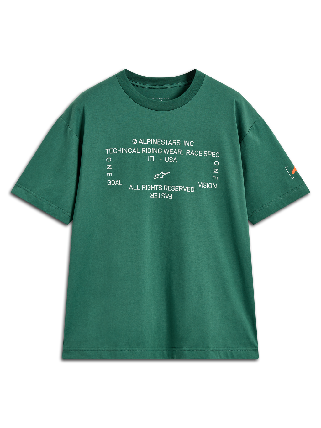 Alpinestars Infinity Oversized CSF t-shirt, groen shirt met korte mouwen, technische witte borstprint en Astars-mouwlogo.