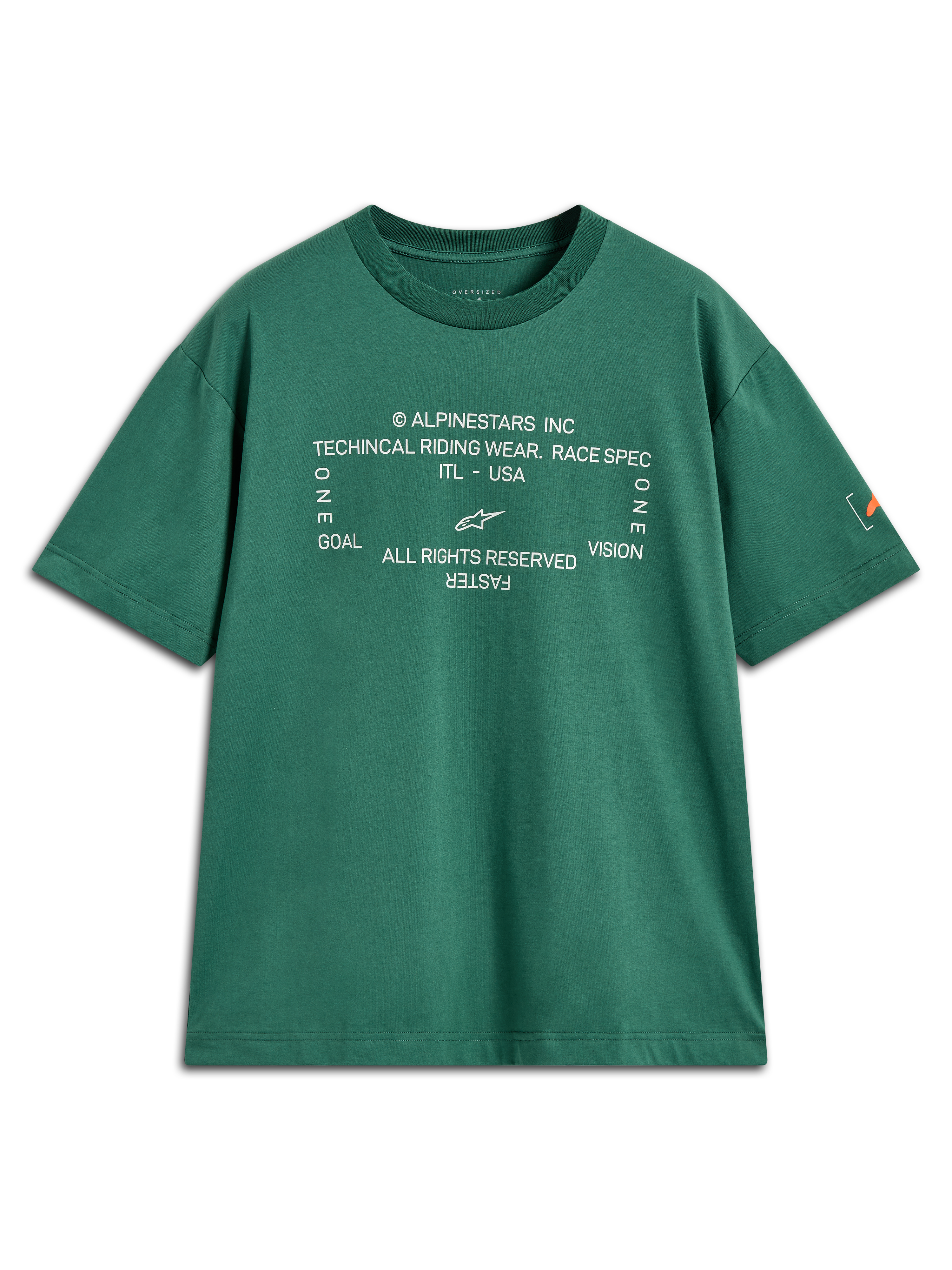 Alpinestars Infinity Oversized CSF t-shirt, groen shirt met korte mouwen, technische witte borstprint en Astars-mouwlogo.