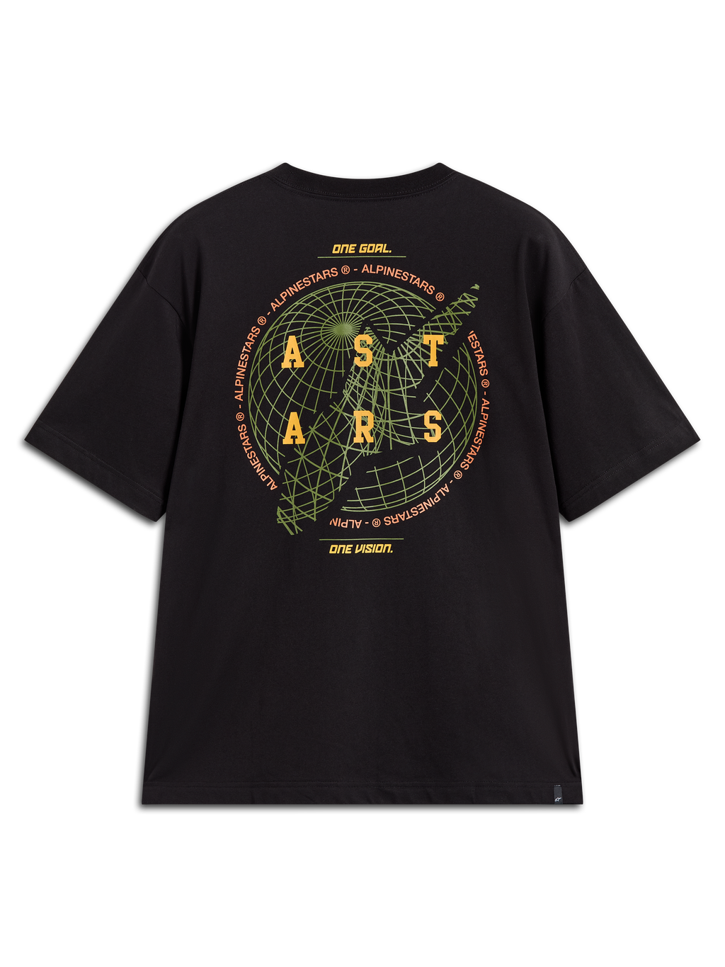 Alpinestars Latitude Oversized CSF t-shirt, zwart shirt met groene globe en geel ASTARS-logo op de achterkant.