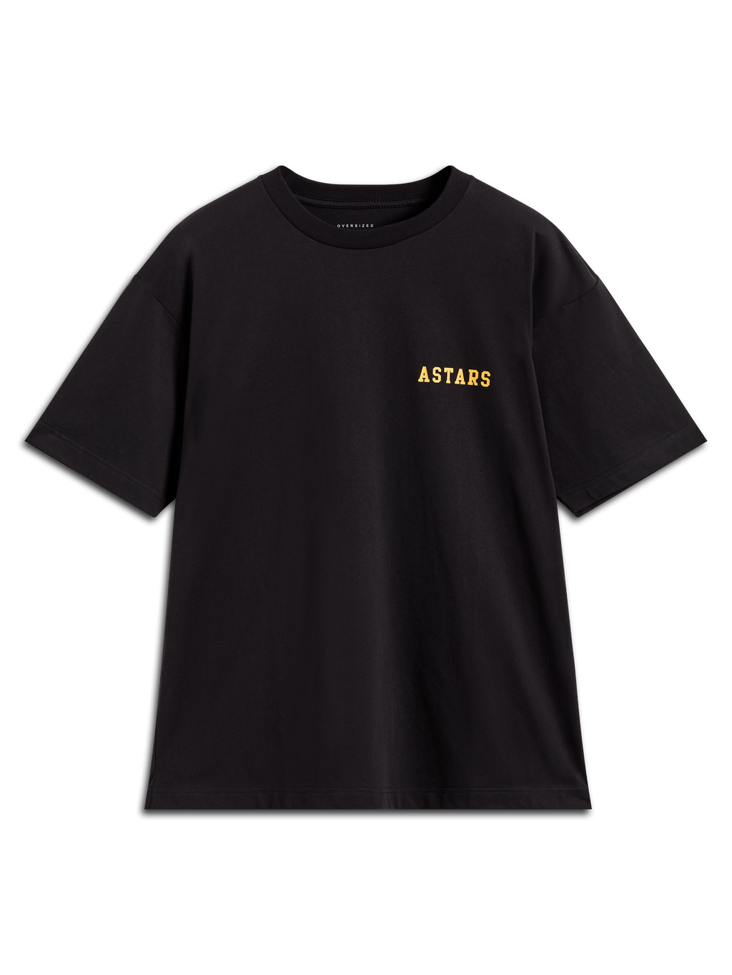 Alpinestars Latitude Oversized CSF Tee, sportswear T-shirt met korte mouwen, zwart, oversized pasvorm met geel Astars woordlogo op de borst.