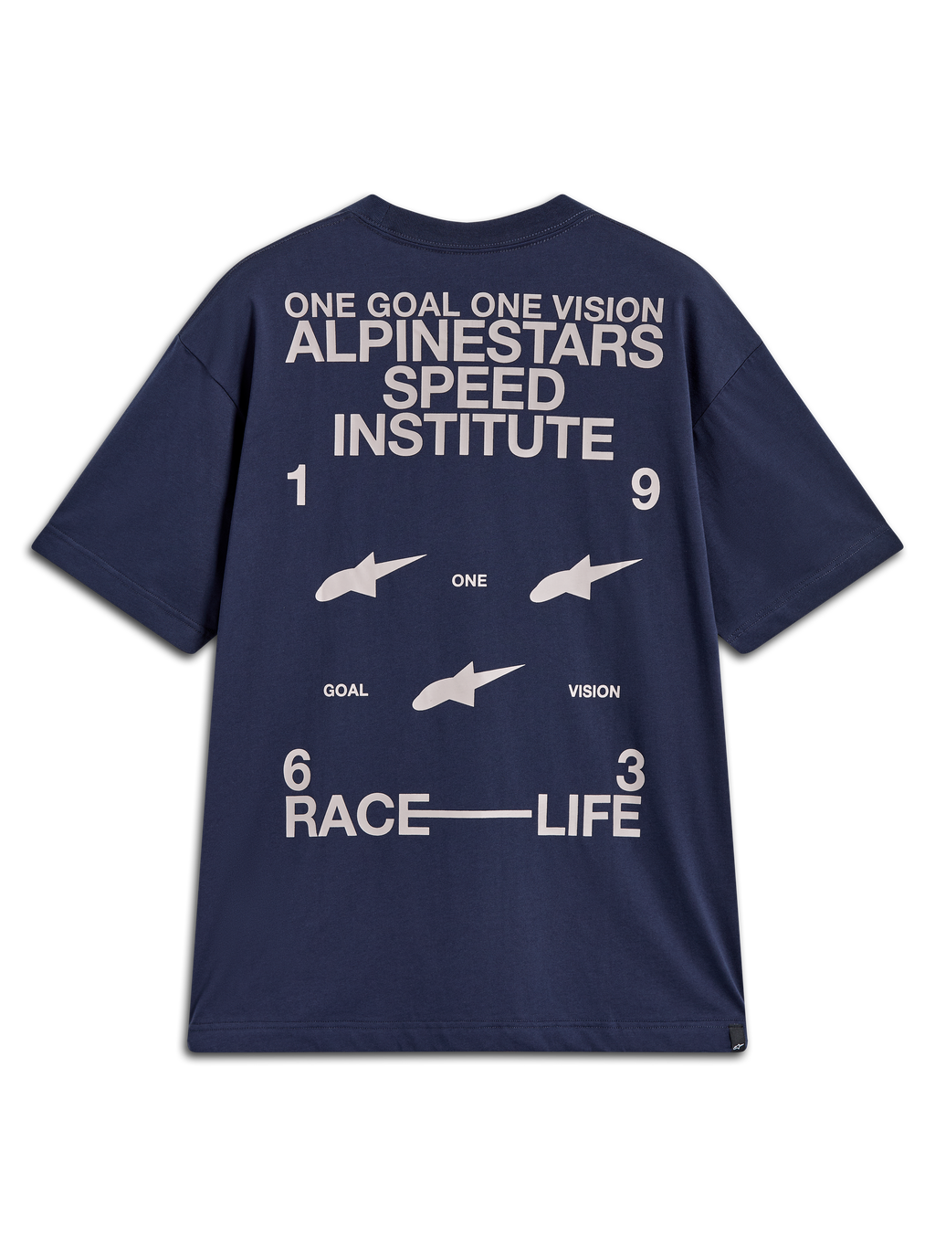Alpinestars Institute Oversized SS CSF Tee, oversized donkerblauw t-shirt met korte mouwen, witte racegraphics op de rug met de tekst One Goal One Vision en Race Life, motorsportgeïnspireerd.