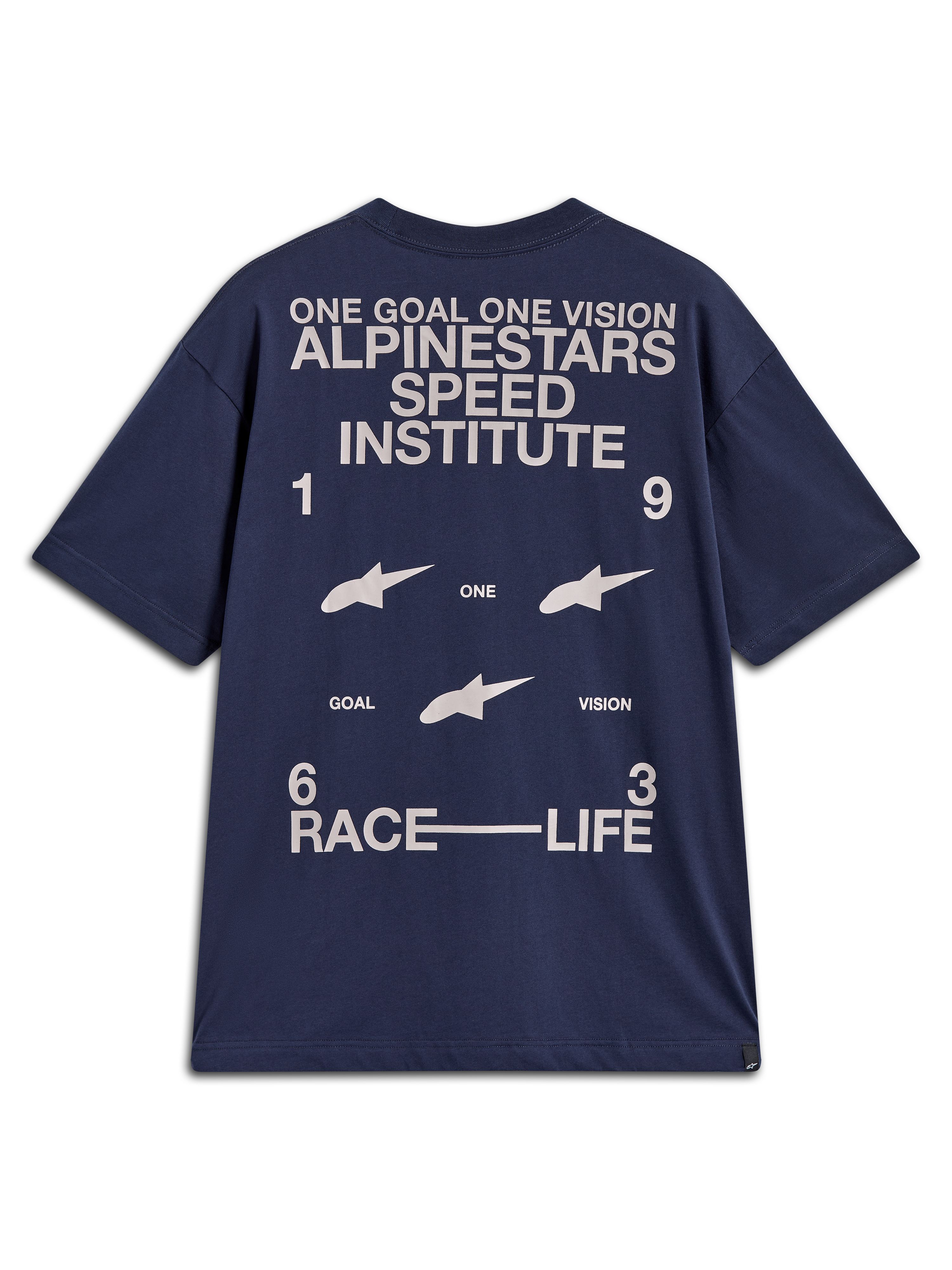 Alpinestars Institute Oversized SS CSF Tee, oversized donkerblauw t-shirt met korte mouwen, witte racegraphics op de rug met de tekst One Goal One Vision en Race Life, motorsportgeïnspireerd.