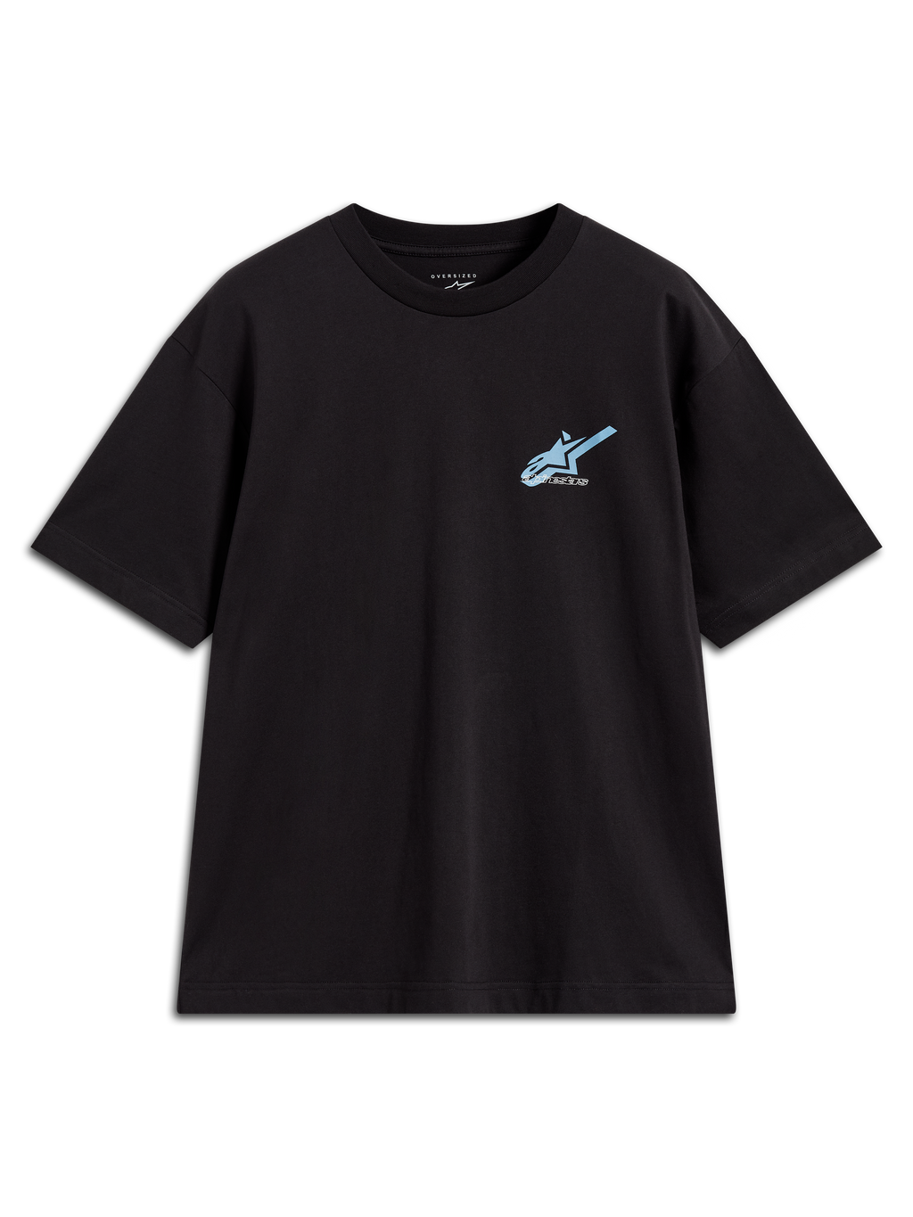 Alpinestars Ghost Oversized CSF Tee, zwart sportswear t-shirt met korte mouwen, zwart en lichtblauw, voorzien van een grafisch Astars-logo op de borst, oversized pasvorm.