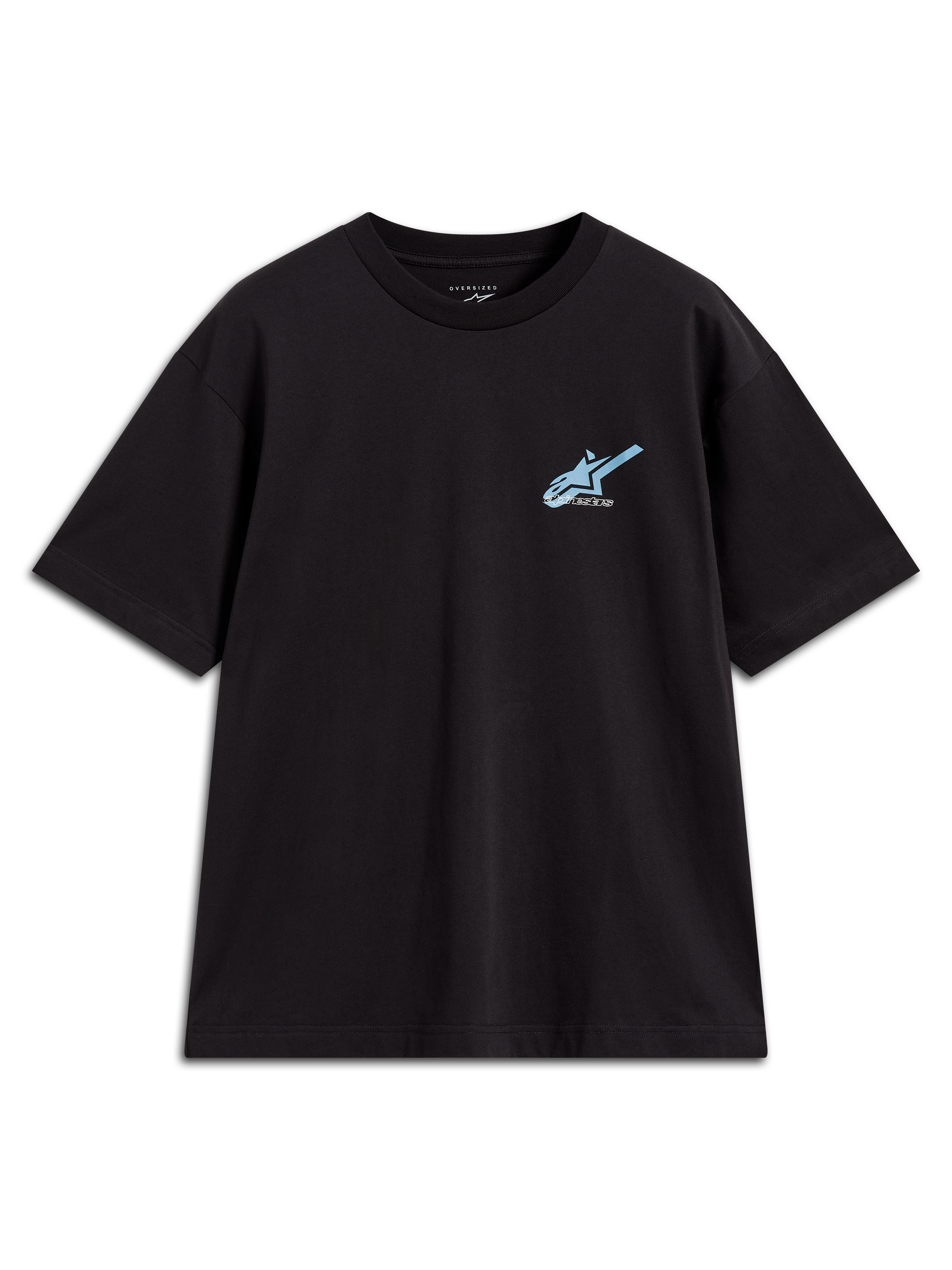 Alpinestars Ghost Oversized CSF Tee, zwart sportswear t-shirt met korte mouwen, zwart en lichtblauw, voorzien van een grafisch Astars-logo op de borst, oversized pasvorm.