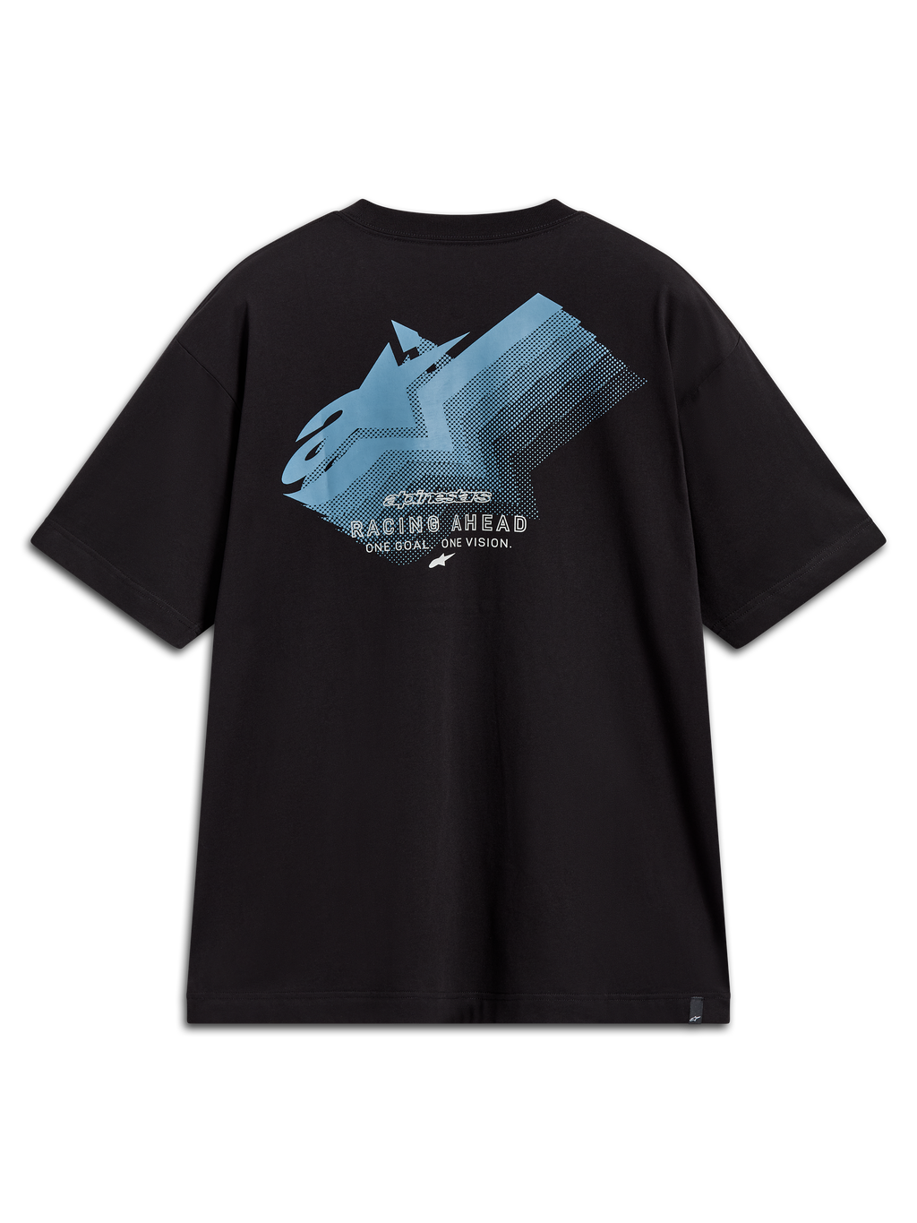 Alpinestars Ghost Oversized CSF T-shirt met korte mouwen, zwart, met een blauwe grafische fadeprint op de achterkant en Racing Ahead tekst.