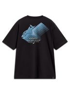 Alpinestars Ghost Oversized CSF T-shirt met korte mouwen, zwart, met een blauwe grafische fadeprint op de achterkant en Racing Ahead tekst.