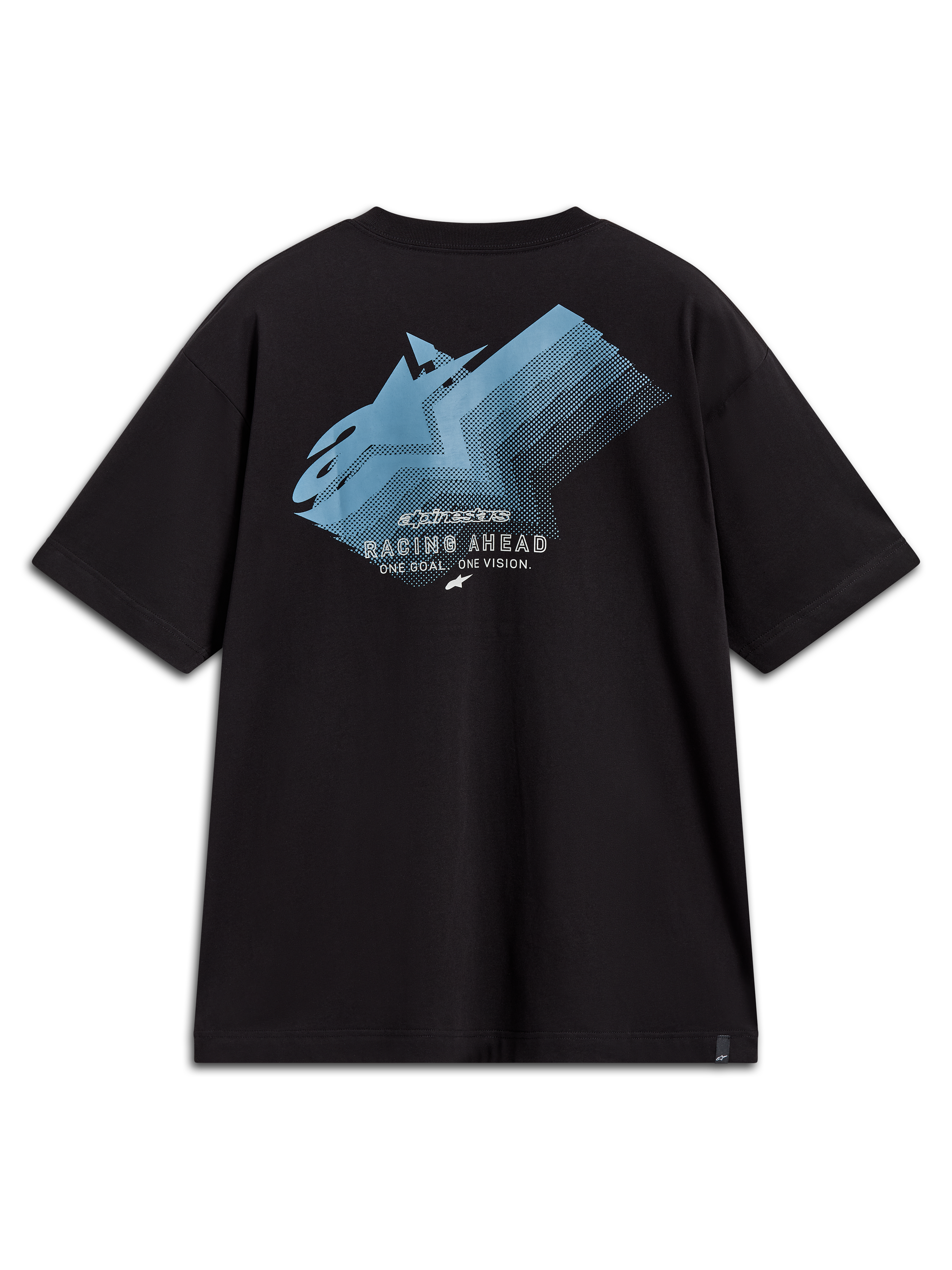 Alpinestars Ghost Oversized CSF T-shirt met korte mouwen, zwart, met een blauwe grafische fadeprint op de achterkant en Racing Ahead tekst.