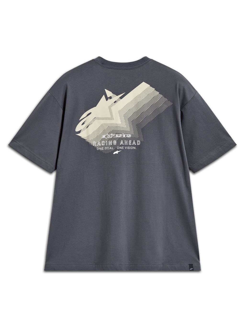 Alpinestars Ghost Oversized CSF T-Shirt, grijs sportshirt met korte mouwen, achterzijde met gebroken witte logografiek en Racing Ahead-tekst.