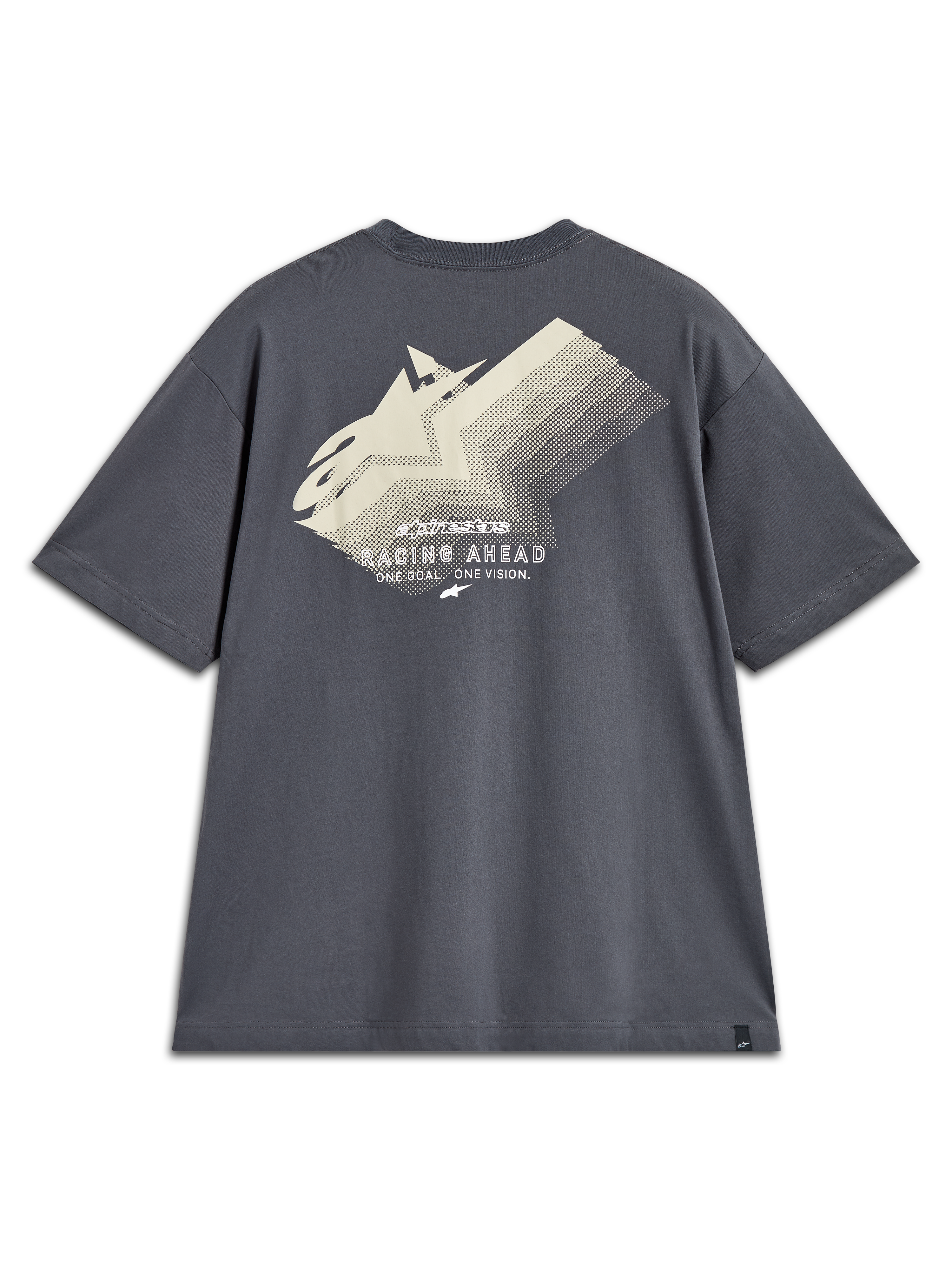 Alpinestars Ghost Oversized CSF T-Shirt, grijs sportshirt met korte mouwen, achterzijde met gebroken witte logografiek en Racing Ahead-tekst.