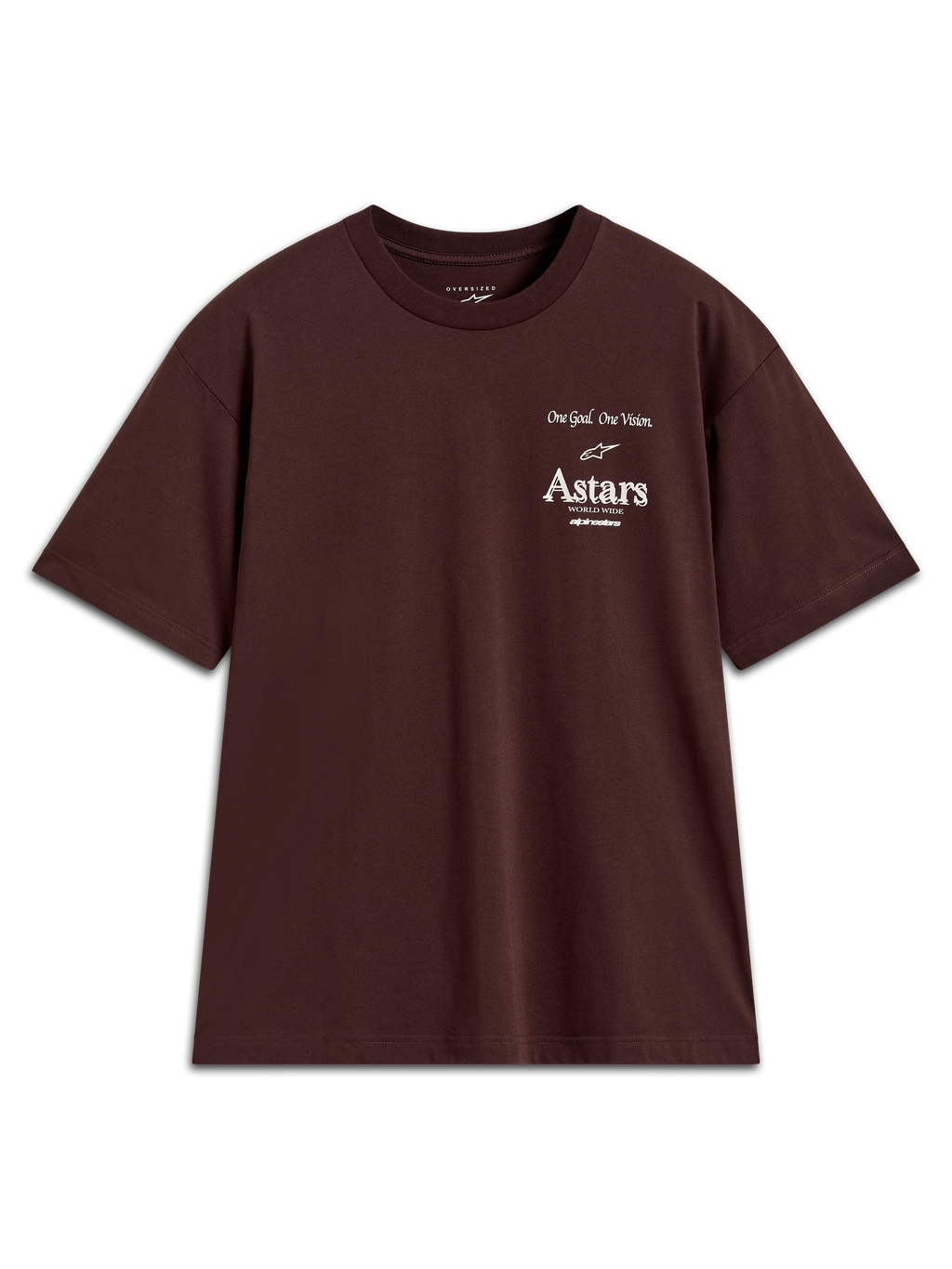 Alpinestars Post Oversized CSF t-shirt, donkerbruin shirt met korte mouwen en witte Astars-logo graphics op de borst.