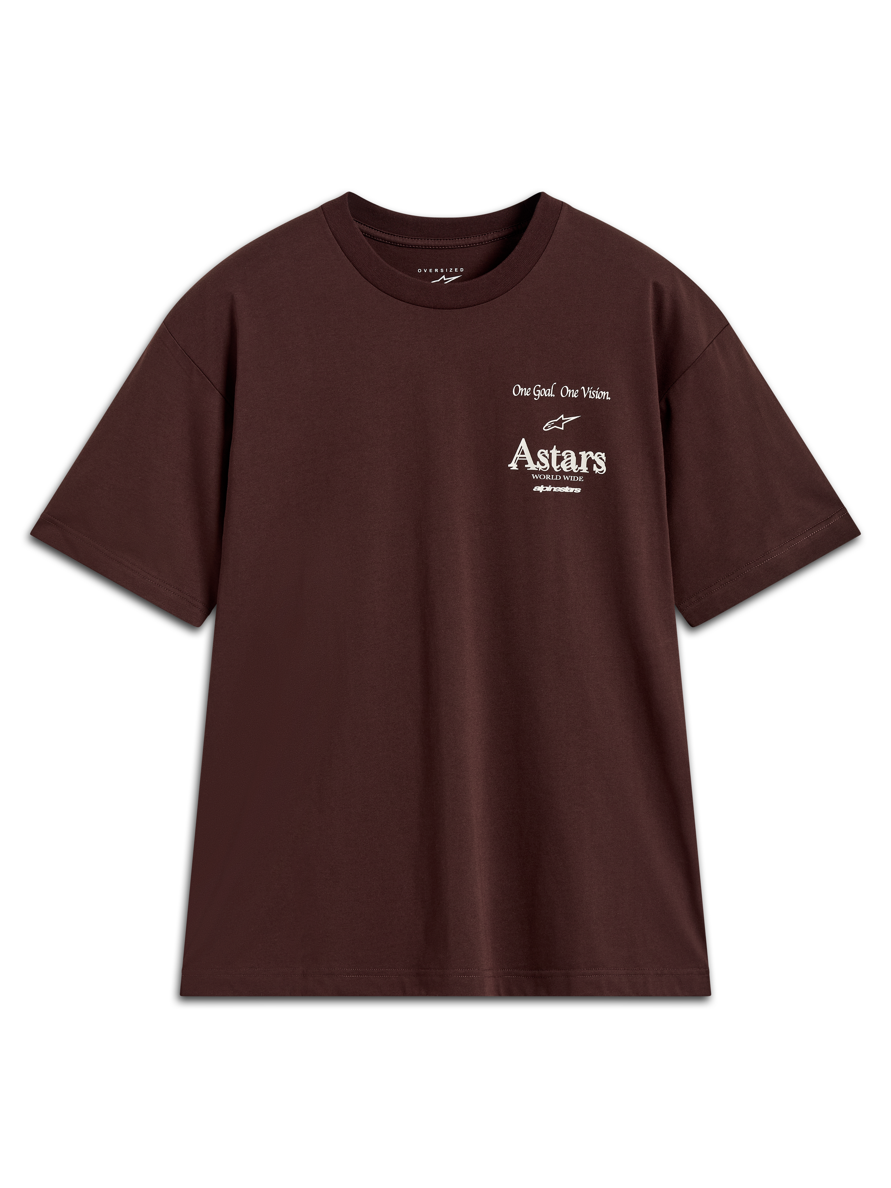 Alpinestars Post Oversized CSF t-shirt, donkerbruin shirt met korte mouwen en witte Astars-logo graphics op de borst.