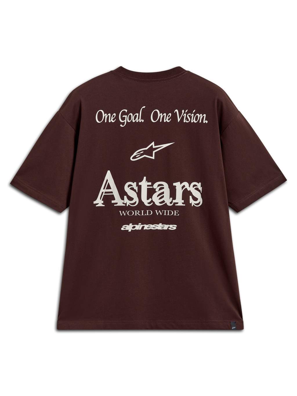 Alpinestars Post Oversized CSF T-shirt, bruin, korte mouwen, witte One Goal One Vision graphics op de achterkant.