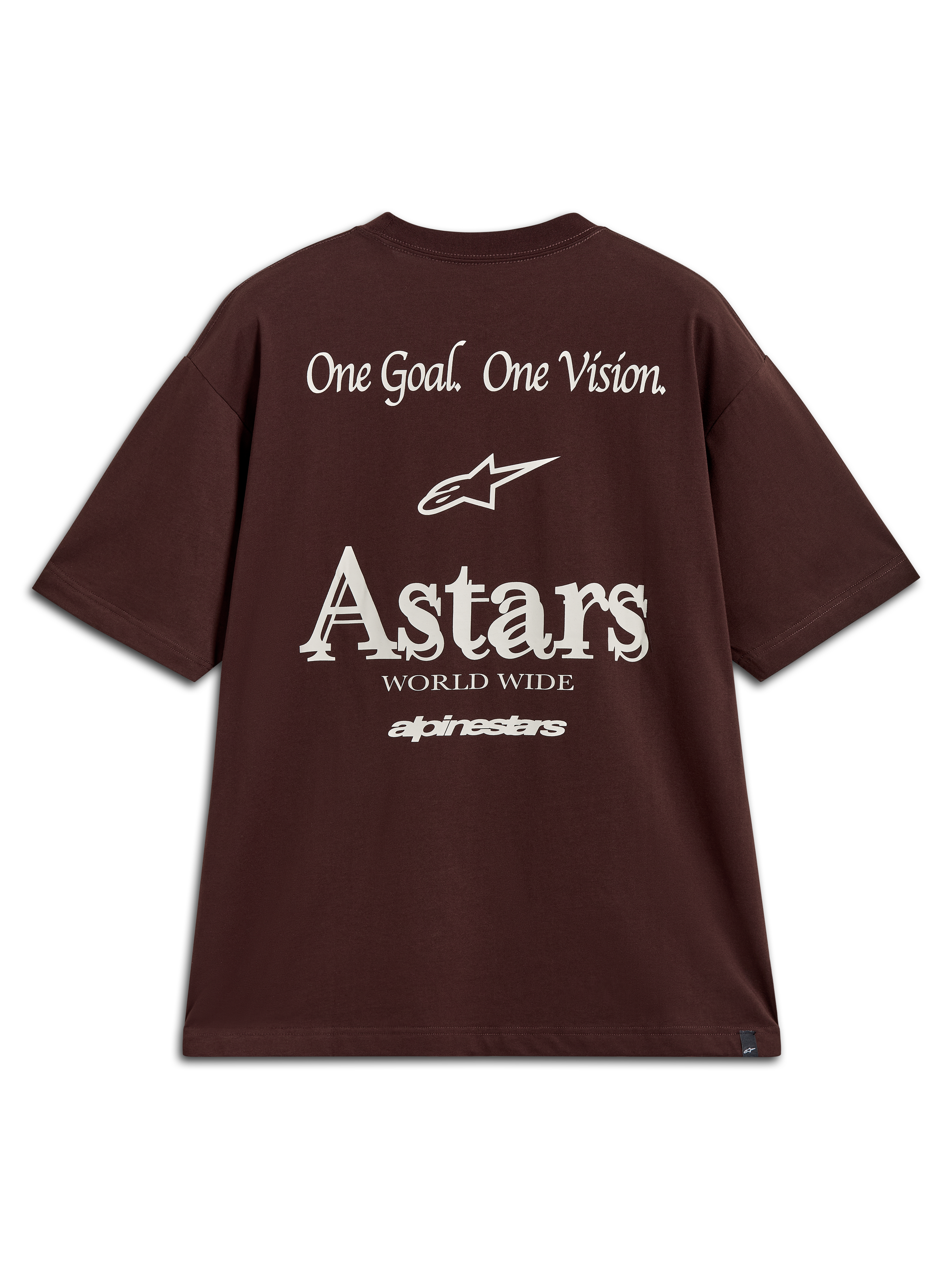 Alpinestars Post Oversized CSF T-shirt, bruin, korte mouwen, witte One Goal One Vision graphics op de achterkant.