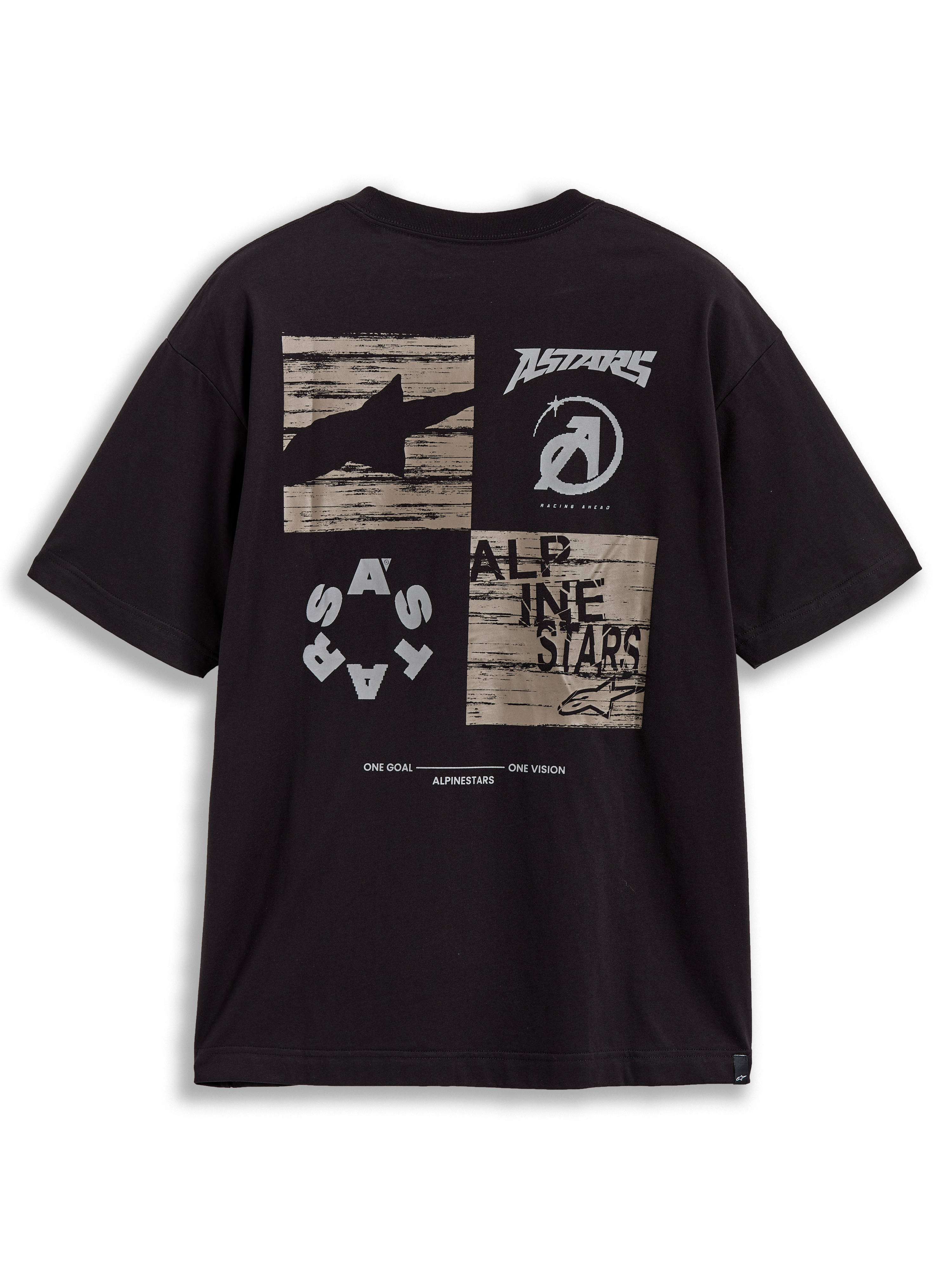 Alpinestars Checkback Oversized CSF Tee, zwart t-shirt met korte mouwen, checkergrafiek en manifesto op de rug.