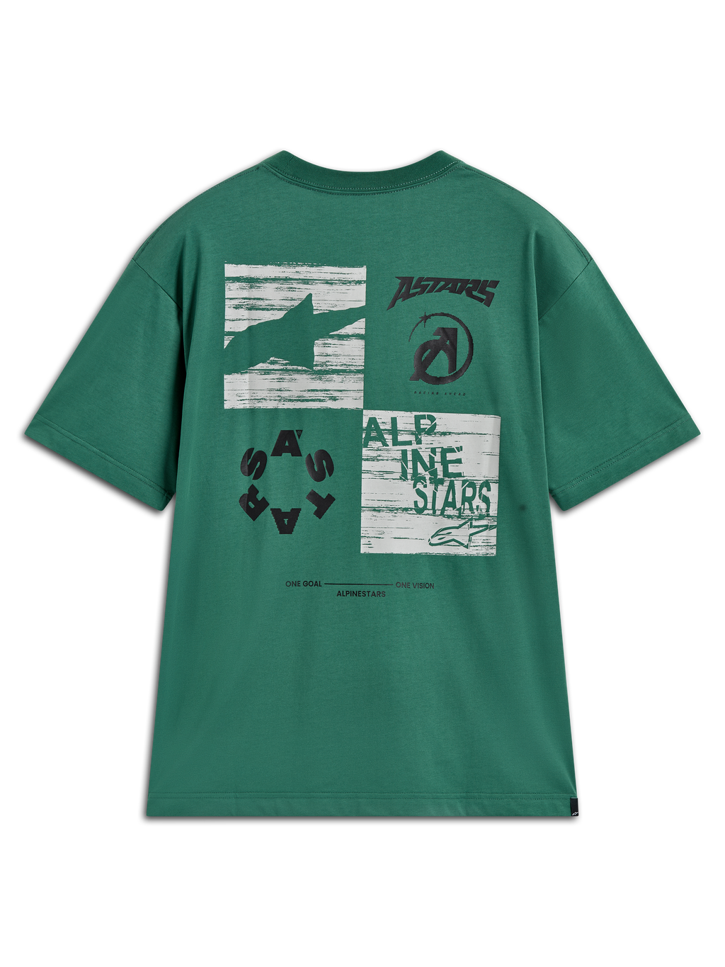 Alpinestars Checkback Oversized CSF T-Shirt, groene sportkleding met korte mouwen en een grote multi-panel grafiek op de rug.