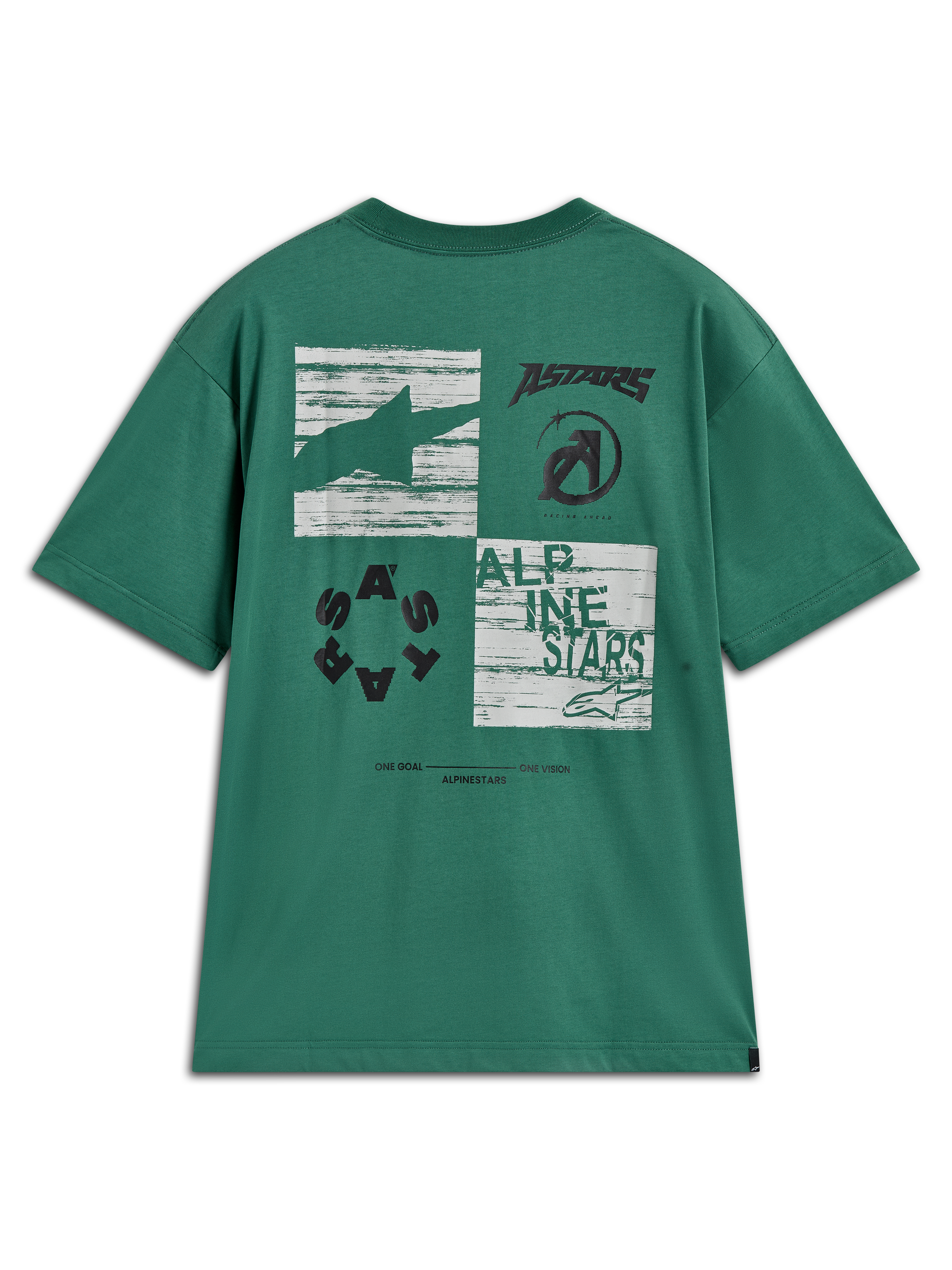 Alpinestars Checkback Oversized CSF T-Shirt, groene sportkleding met korte mouwen en een grote multi-panel grafiek op de rug.